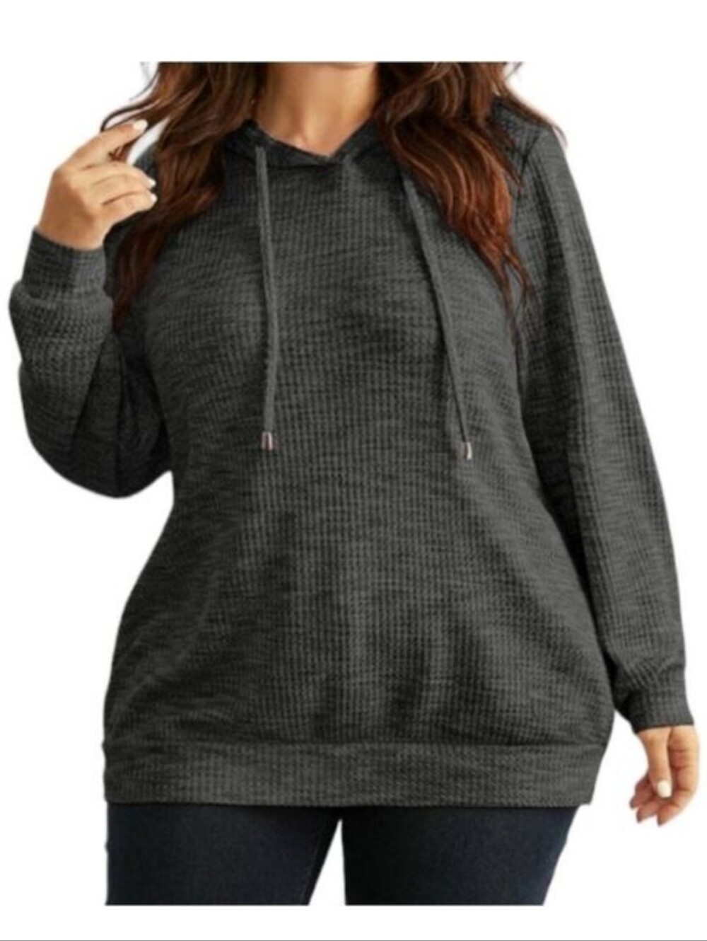 Bloomchic Gray Waffle Knit Hooded Drawstring sweatshirt